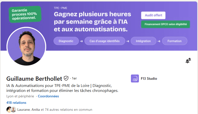 Profil LinkedIn de Guillaume Berthollet, après l'accompagnement : bannière, photo et titre