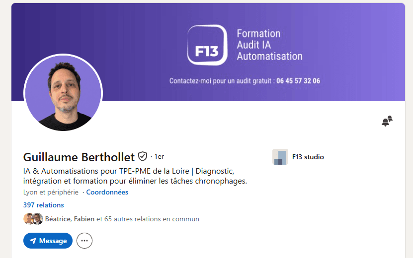 Profil LinkedIn de Guillaume Berthollet, avant l'accompagnement : bannière, photo et titre