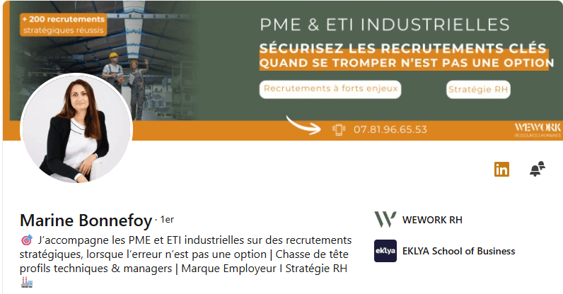 Profil LinkedIn de Marine Bonnefoy, après l'accompagnement : bannière, photo et titre