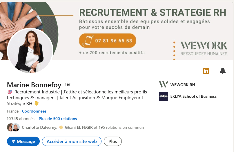 Profil LinkedIn de Marine Bonnefoy, avant l'accompagnement : bannière, photo et titre